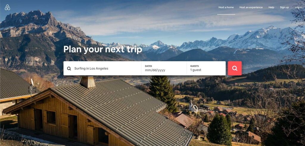 screenshot of airbnb home page